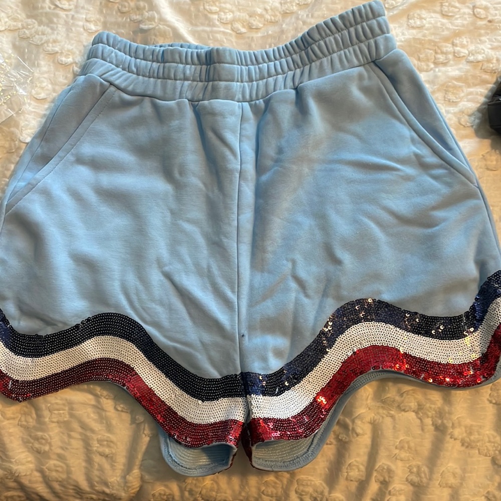 QUEEN OF SPARKLES Light Blue Shorts with Red, White & Blue Sequin Trim